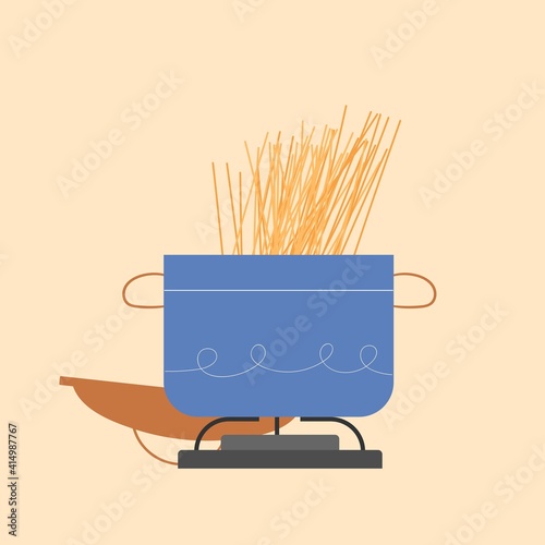 Spaghetti cooking process. Vector illustration in flat style