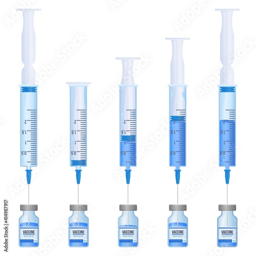 Realistic withdraw medication for a glass ampule step by step. Disposable syringe with a drug. Vaccination, prepare to injection, immunization, health care concept