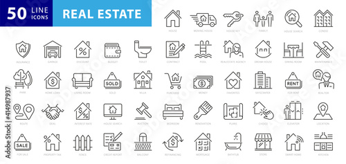 Real Estate minimal thin line web icon set. Included the icons as realty, property, mortgage, home loan and more. Outline icons collection. Simple vector illustration photo