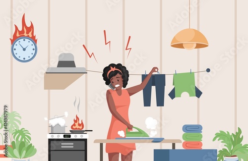 Multitasking woman cooking, ironing clothes and speaking at phone vector flat illustration. Busy woman in casual clothes doing domestic work. Female character housekeeping at the kitchen.