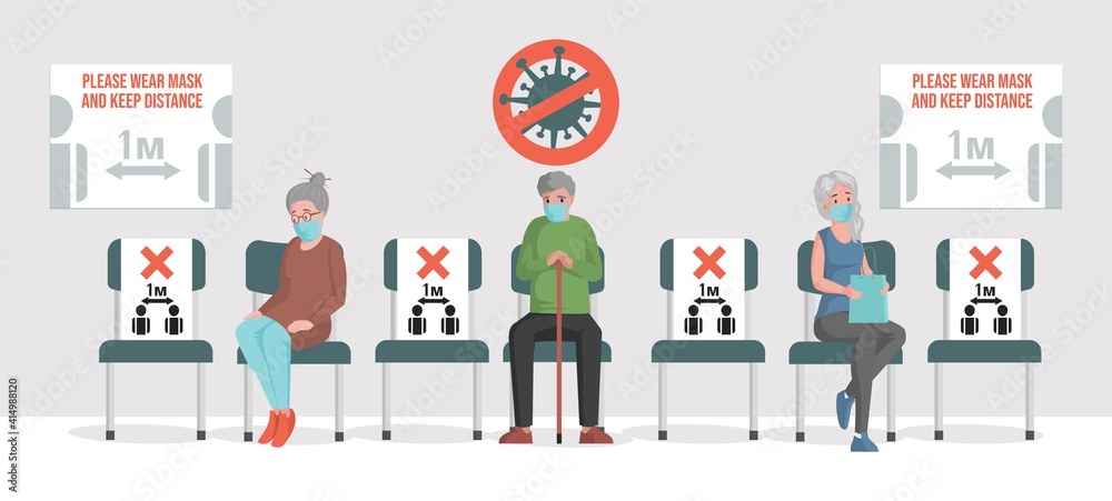 Fototapeta premium People sitting in line, keep safe social distance vector flat illustration. Men and women wear masks and keep distance to protect from Coronavirus. Maintain social distancing to prevent virus spread.
