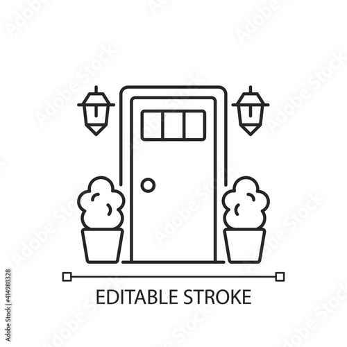 Entry doors linear icon. Increasing home curb appeal. Providing security and energy efficiency. Thin line customizable illustration. Contour symbol. Vector isolated outline drawing. Editable stroke