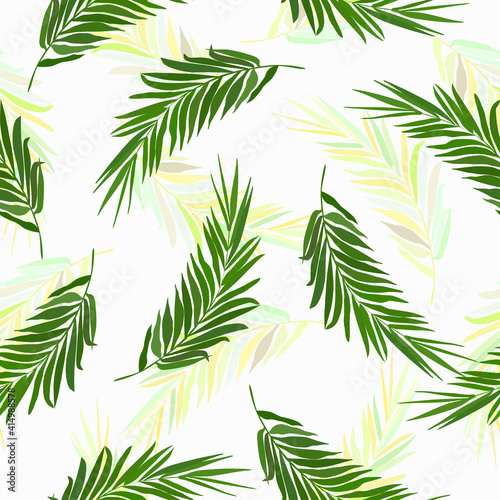 Seamless vector tropical pattern with green palm leaves.