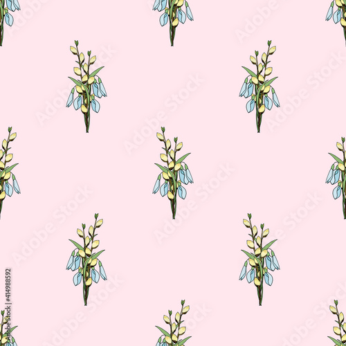 Seamless pattern with colorful spring bouquets of pussy willow and snowdrops. Vector illustration for festive design, packaging, wallpaper, fabric, textile, stationery, accessories.