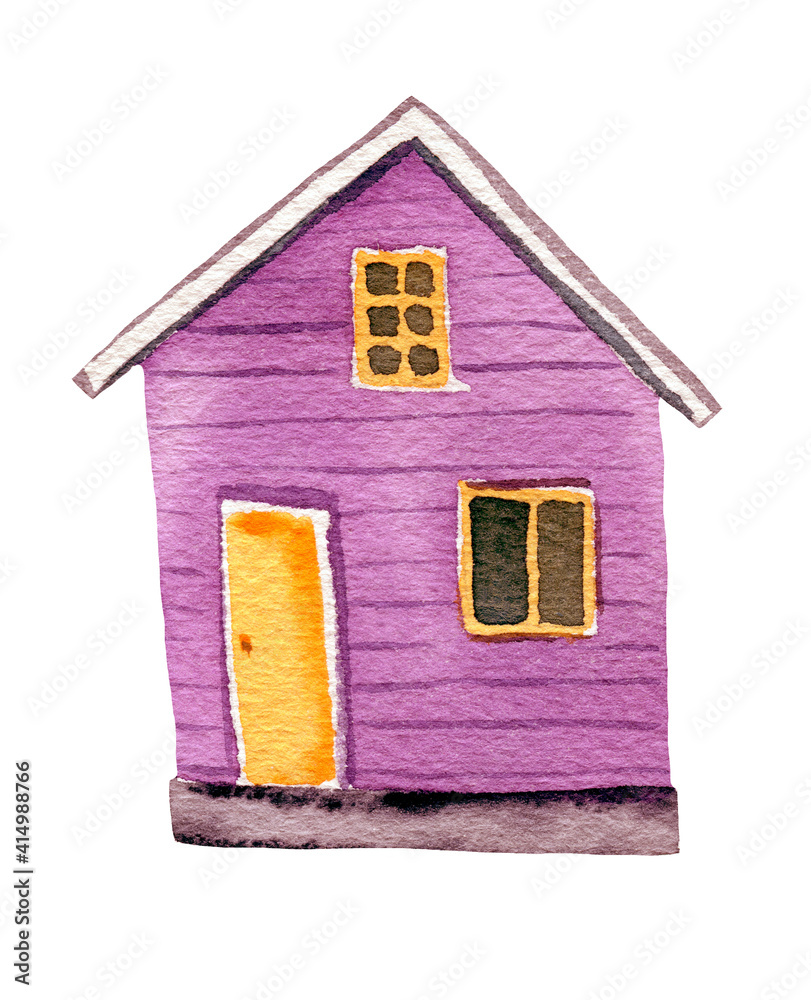 Watercolor illustration of a cute cozy lilac house