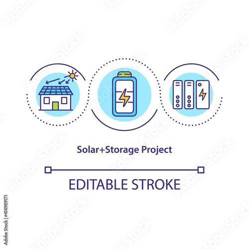 Solar and Storage Project concept icon. Clean energy idea thin line illustration. Energy Efficiency Optimization. Global warming. Vector isolated outline RGB color drawing. Editable stroke