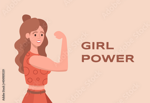 Girl power vector flat banner template with text. Young pretty woman standing with raised hand. International Woman Day poster design. Women empowerment movement, feminism, sisterhood concept.