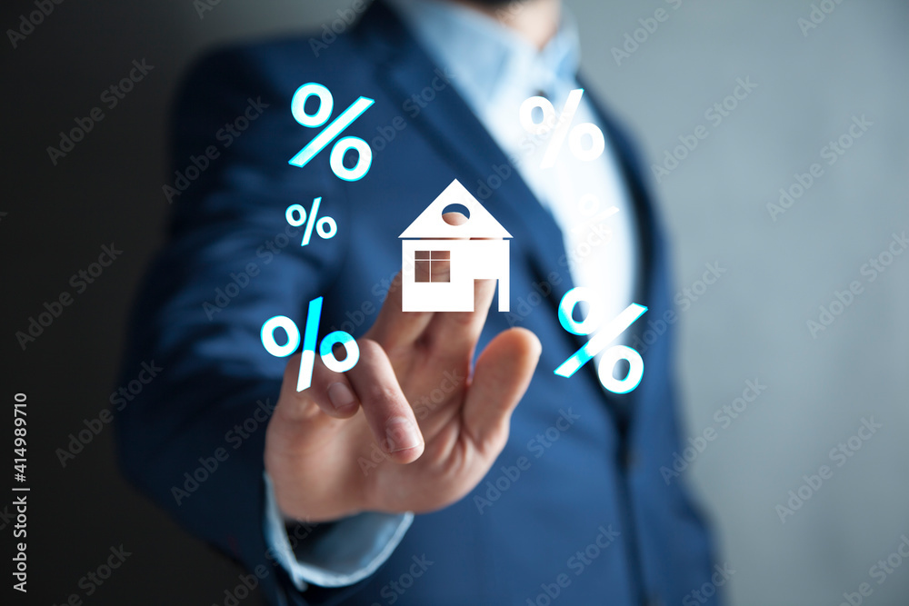 man touch a house and a percent sign man touch a house and a percent sign