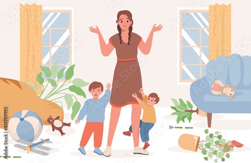 Upset and confused mother with two crying naughty little boys vector flat illustration. Mom standing in messy living room and trying to calm down her sons. Parenting, motherhood concept.