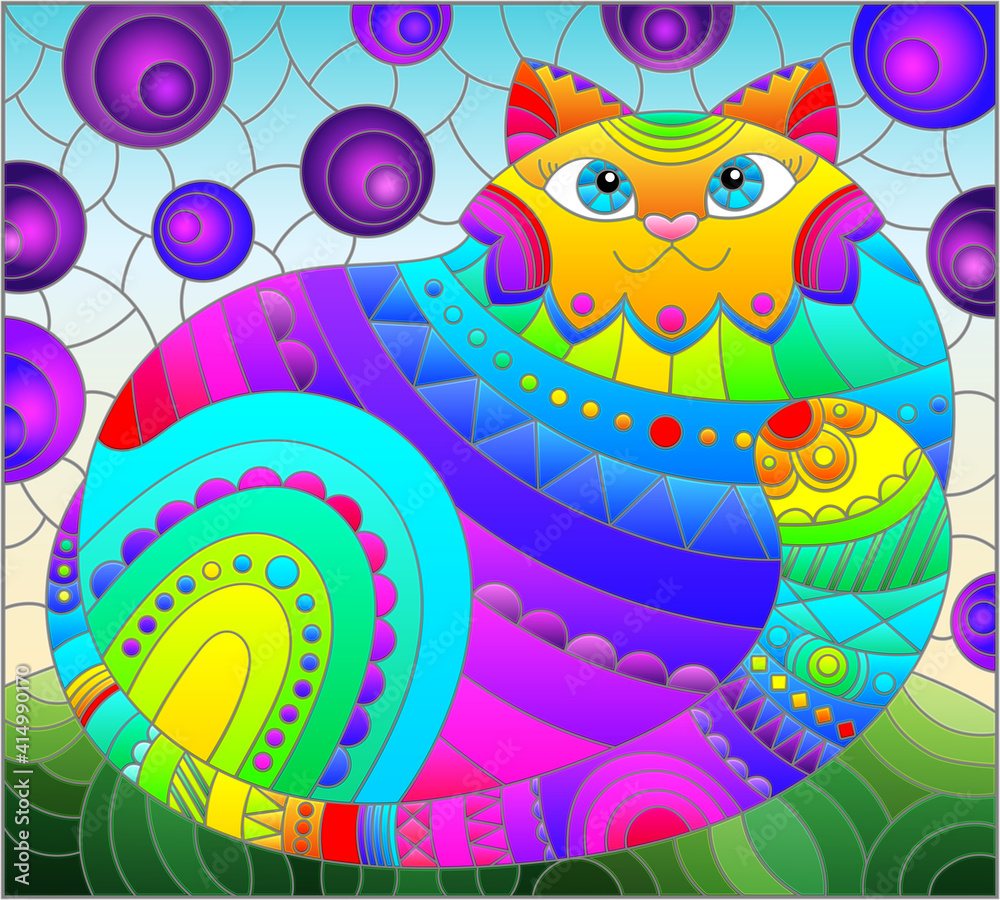 Fototapeta premium Illustration in stained glass style with abstract cute rainbow cat on a blue background