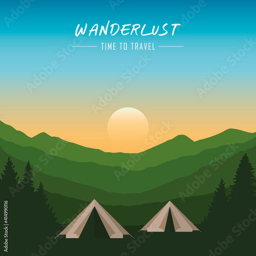 camping adventure in the wilderness tent in the forest at mountain landscape vector illustration EPS10
