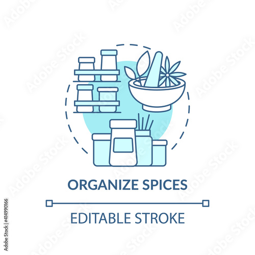 Organizing spices concept icon. Place alphabetically and categorize by use idea thin line illustration. Special spice organizers. Vector isolated outline RGB color drawing. Editable stroke