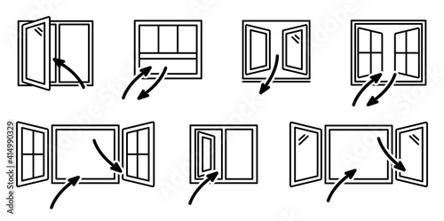 Open windows and air exchange. Set of vector window line art