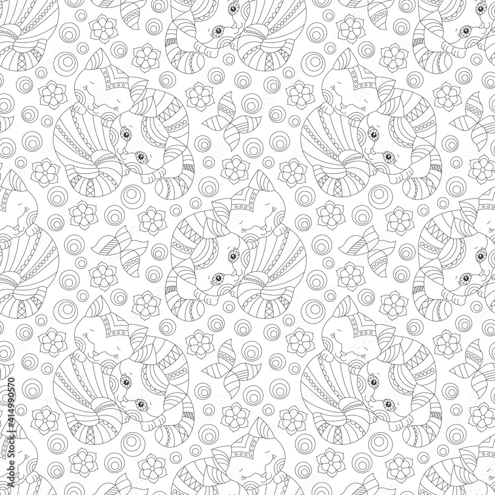 Seamless pattern with contour cats and flowers in stained glass style, outline cats on a white background