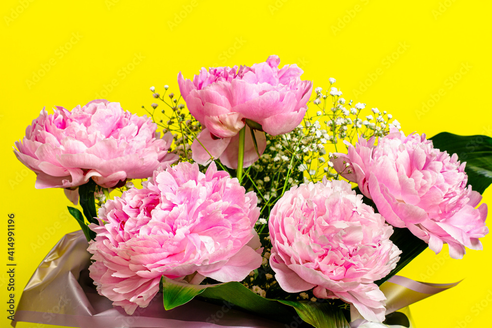 Beautiful bouquet of pink peonies on a yellow background. Beautiful bouquet of pink peonies on a yellow background.