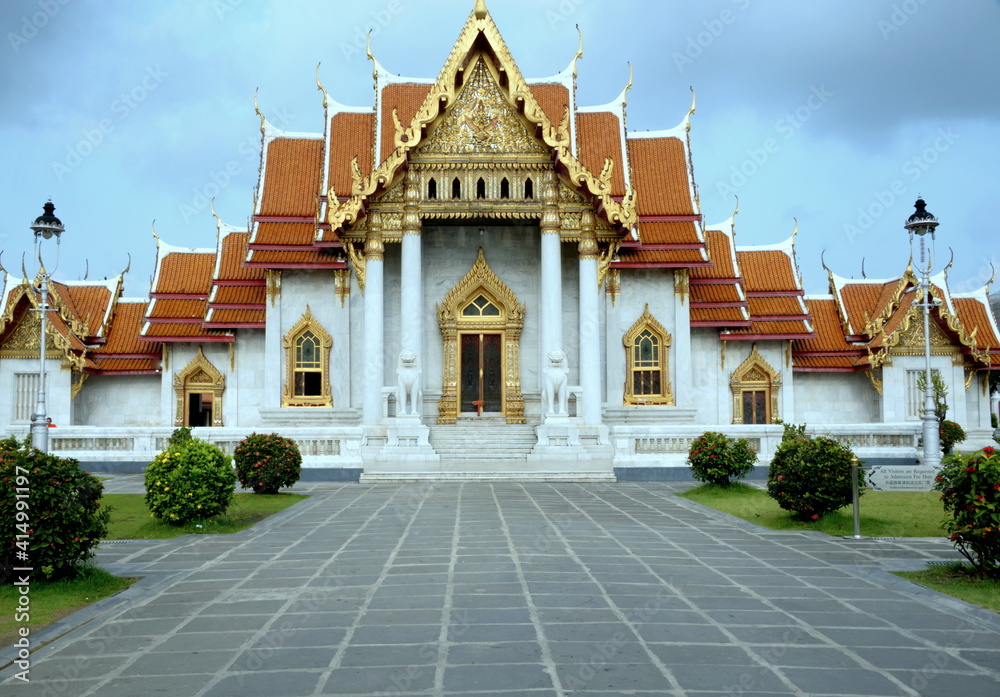 THAILAND BANGKOK , Wat Benchamabophit royal temple built with white Carrara marble, built for King Chulalongkorn .The consecration hall containes the ashes of King Rama V are buried