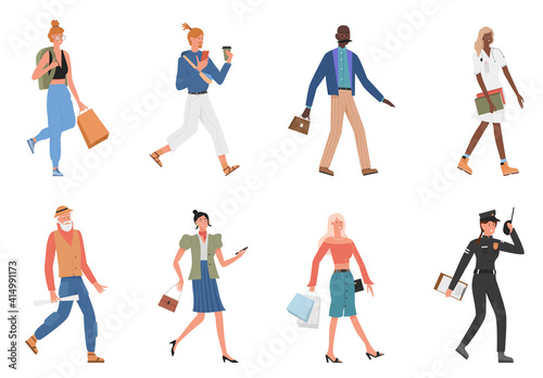 People walk vector illustration set. Cartoon flat young and old man woman characters walking collection, girl with shopping bags, businessman and businesswoman, student doctor police isolated on white