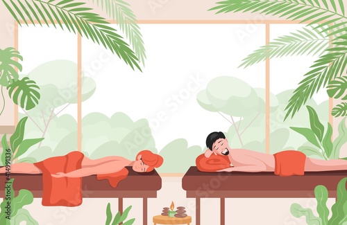 Couple relaxing in massage salon vector flat illustration. Wellness resort, body relaxing treatment, self care time concept. Relaxed man and woman lying on couch and enjoying body massage.