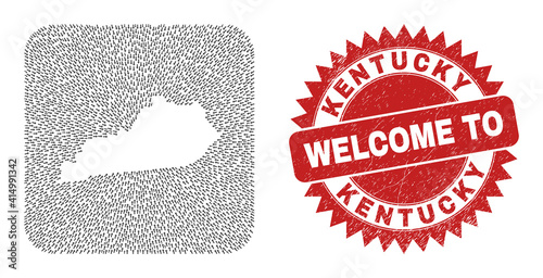 Vector collage Kentucky State map of immigration arrows and rubber Welcome seal. Collage geographic Kentucky State map created as subtraction from rounded square shape with moving arrows.