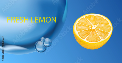Water drops, blue and transparent water drops, fresh lemon with green leaf, drops and splashes of ocean water, pure Baikal water, logo of washing powder or clean fresh linen, sale of clean water