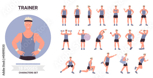 Sport trainer man poses vector illustration set. Cartoon male character showing muscles, posing with ball, exercises with dumbbells, training standing running in different postures isolated on white
