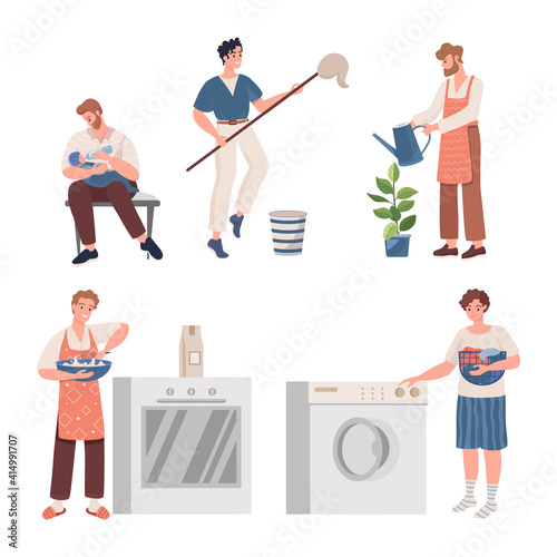 Men doing housework. Smiling male characters sitting with newborn baby, cleaning flat, planting flowers, cooking and washing. Equality between men and women concept.
