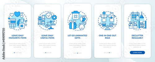 Decluttering tips oonboarding mobile app page screen with concepts. Home cleaning-out and decluttering walkthrough 5 steps graphic instructions. UI vector template with RGB color illustrations