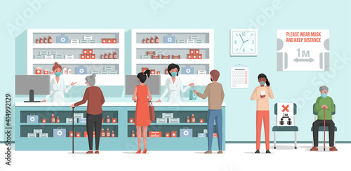 Costumers standing in line in pharmacy and buying pills vector flat illustration. Pharmacists in medical coats and protective face masks standing at the counter and selling drugs to ill people.