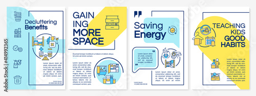 Decluttering benefits brochure template. Saving energy. Flyer, booklet, leaflet print, cover design with linear icons. Vector layouts for magazines, annual reports, advertising posters