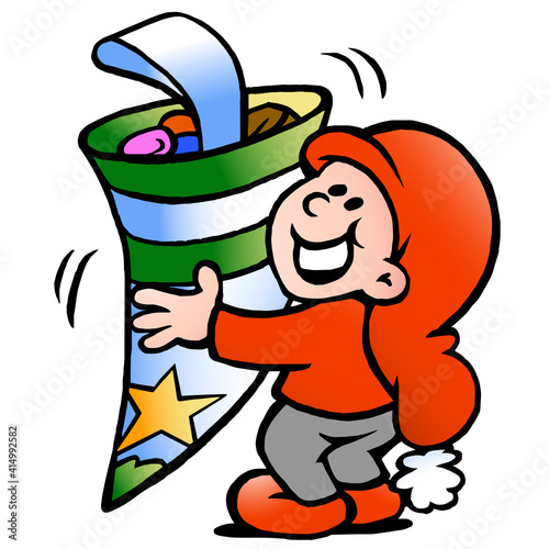 Vector Cartoon illustration of an happy Christmas Elf holding a Cornet