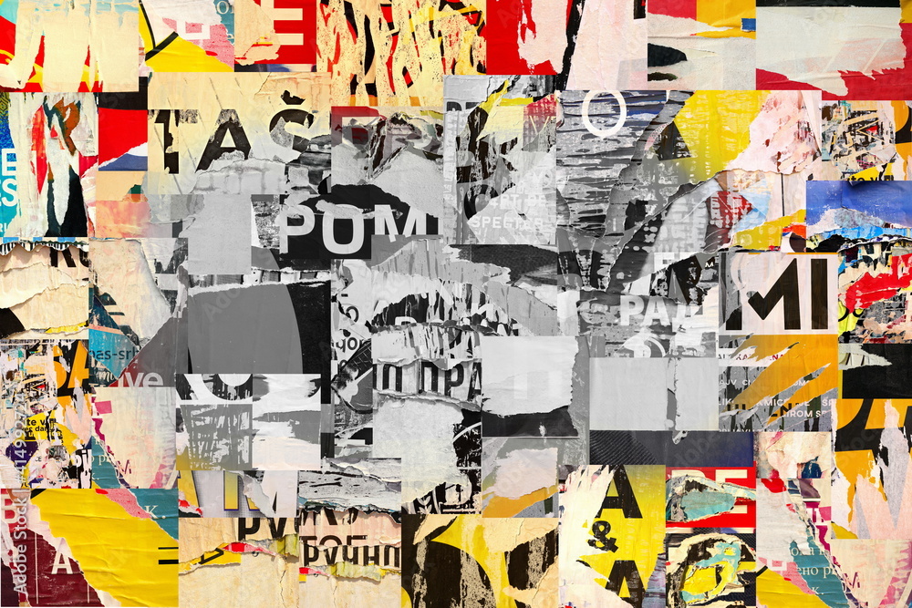 Fototapeta premium Collage of many numbers and letters ripped torn advertisement street posters grunge creased crumpled paper texture background placard backdrop surface