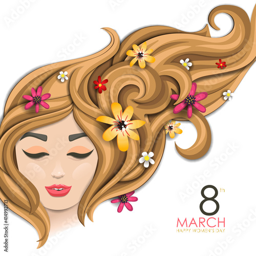 Happy Women Day illustration. 8 march. Paper cut girl head with flowers. Flyer, poster, web banner or greeting card. EPS10