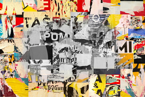 Collage of many numbers and letters ripped torn advertisement street posters grunge creased crumpled paper texture background placard backdrop surface