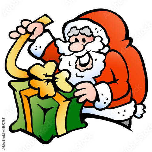 Vector Cartoon illustration of an happy Santa Claus wraps a Gift