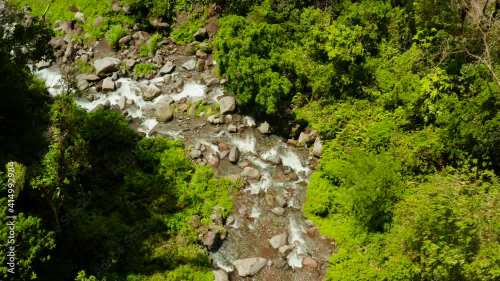 Mountain river in the rainforest through the green jungle covered with green forest and palm trees top view. River in the green forest. Camiguin, Philippines. Mountain river in the rainforest through the green jungle covered with green forest and palm trees top view. River in the green forest. Camiguin, Philippines.