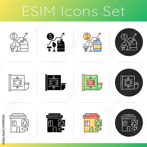 Trash removal icons set. Trash compactor. Waste analytics. Landfill, material recovery facility. Mechanism for reducing material size. Linear, black and RGB color styles. Isolated vector illustrations