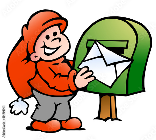 Vector Cartoon illustration of an happy Elf posting a Letter
