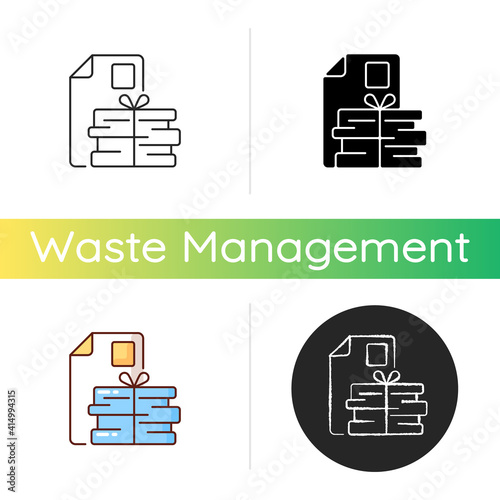 Waste paper icon. Paper recycling. Paperboard, cardboard products. Turning waste into new products. Napkins and towels. Linear black and RGB color styles. Isolated vector illustrations