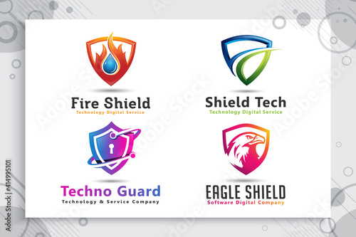 3d shield tech vector logo design with modern concept , illustration symbol of cyber security  for digital  protection software company.