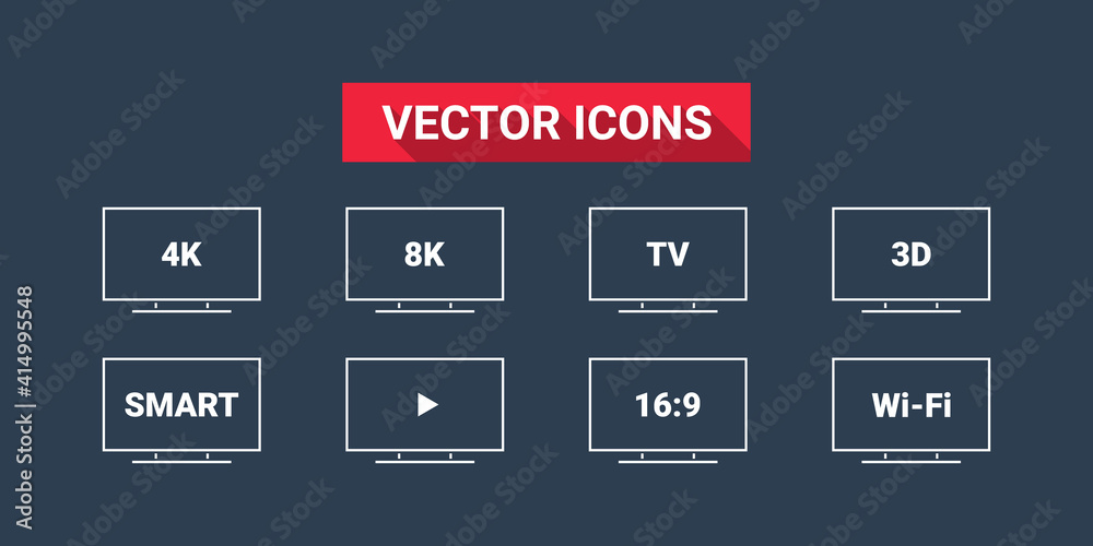 Smart TV. TV features: 3D, 4K, 8K, 16:9, Wi-Fi. Flat style. TV icons vector set. Vector Illustration