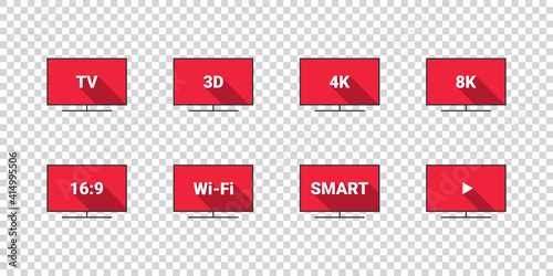 TV features: 3D, 4K, 8K, 16:9, Wi-Fi. Flat style. TV icons vector set. Vector Illustration