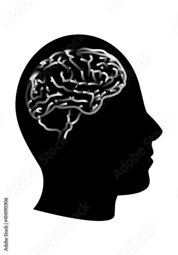 Icono de cabeza en negro con cerebro en trazo blanco. Cabeza pensante. Inteligencia humana.