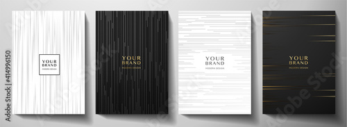 Modern black and white cover design set. Luxury creative dynamic diagonal line pattern. Formal premium vector background for business brochure, poster, notebook, menu template 