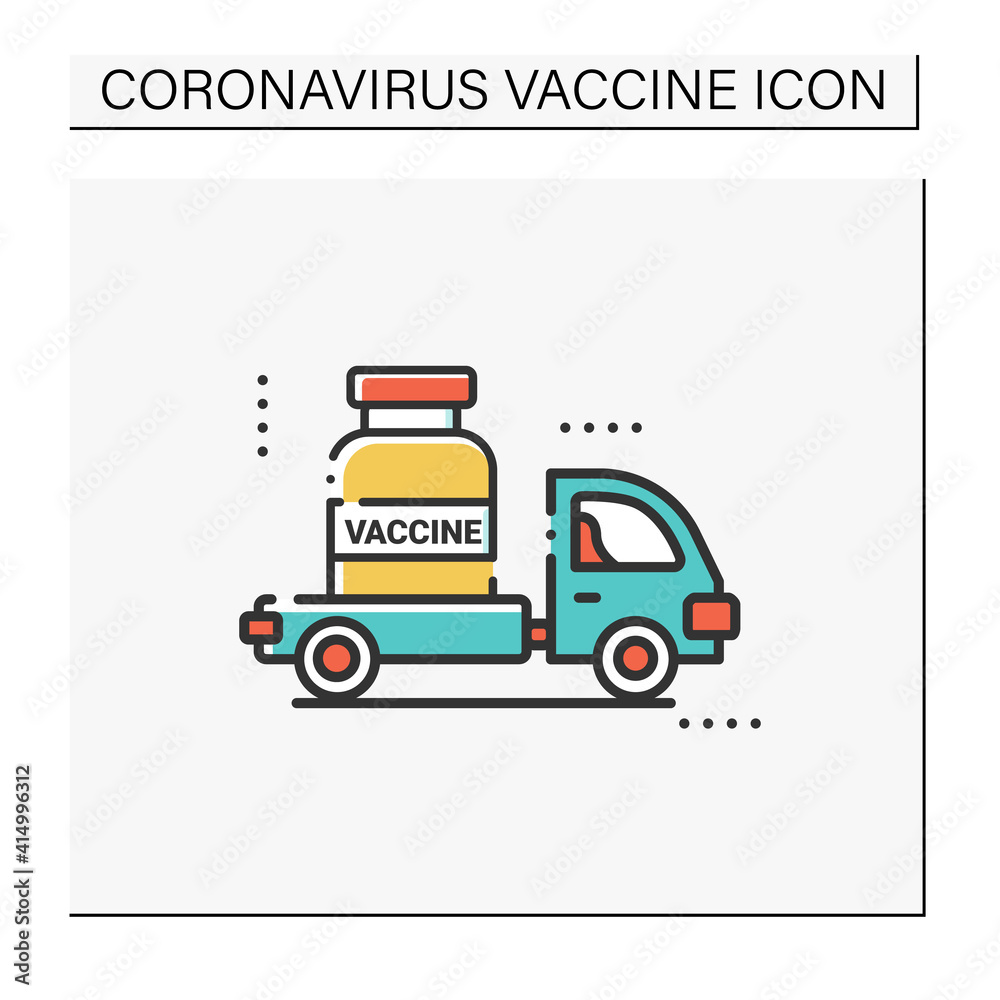 Vaccine delivery color icon. Truck delivers vaccine. Health care, worldwide medicine. Stop coronavirus pandemic. Fight against Covid19 disease. Isolated vector illustration Vaccine delivery color icon. Truck delivers vaccine. Health care, worldwide medicine. Stop coronavirus pandemic. Fight against Covid19 disease. Isolated vector illustration