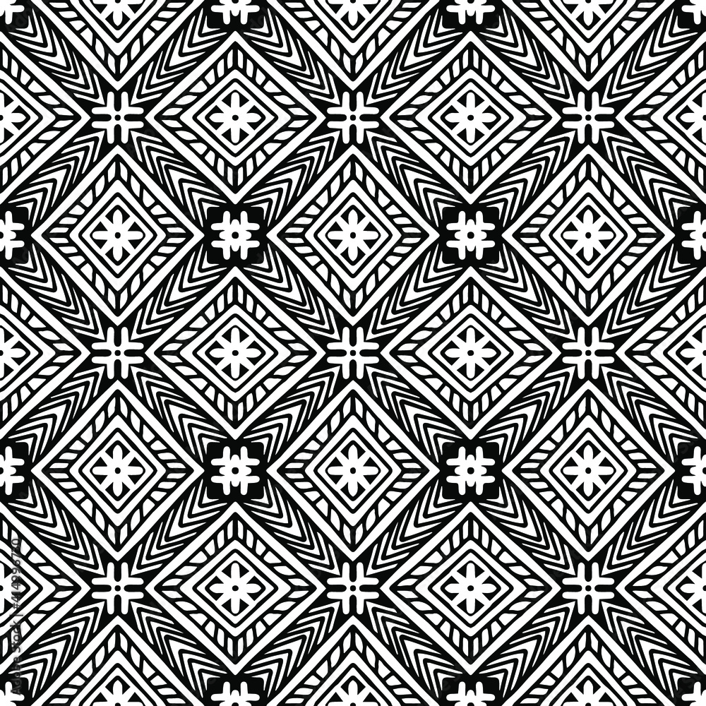 seamless mosaic drawn with abstract linear ornaments in folk style on a white background, for coloring, vector