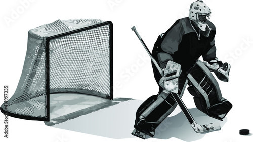 The hockey goalkeeper protects the goal. Goalkeeper, goal and puck isolated on white background. Illustration. Vector, eps10.