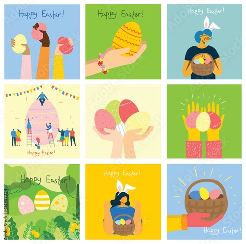 Vector Easter cards with animals holding the eggs and hand drawn text - Happy Easter