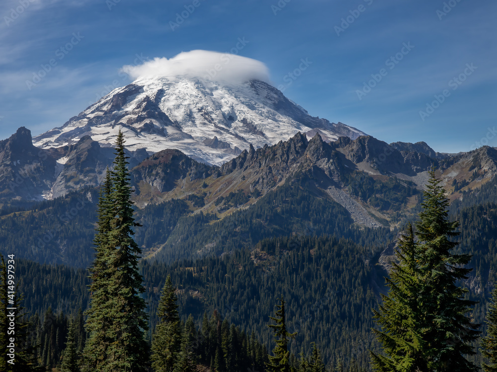 Fototapeta premium Mount Rainier in the summer from a Mount Rainier National Park trail