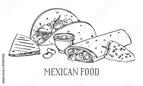 Mexican food composition. Quesadilla, taco, burrito, pepper, sauce. Hand drawn outline vector sketch illustration. Black on white background