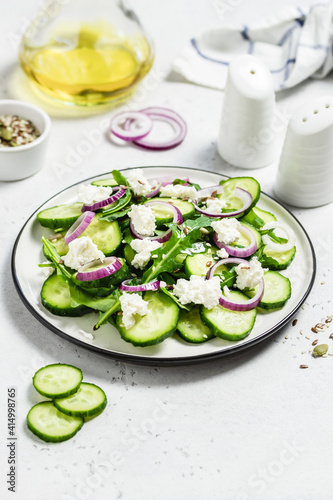 Summer fresh cucumber salad. Space for text.